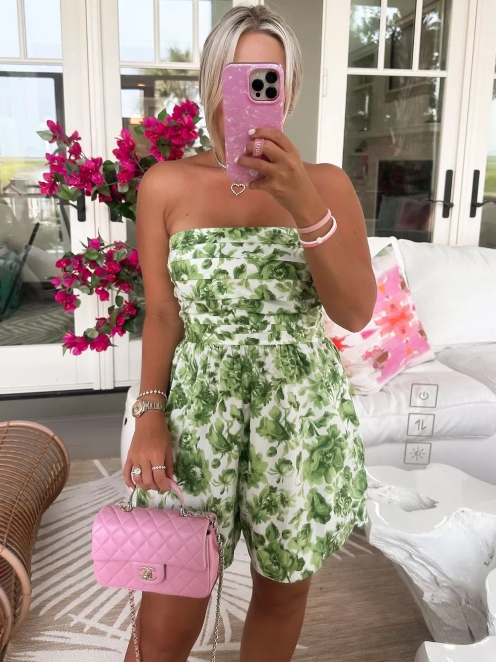 Abercrombie & Fitch Emerson Floral Ruched Strapless Romper with Pockets